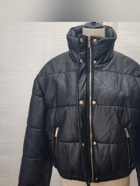 Black Quilted Faux Leather Puffer Jacket - Women